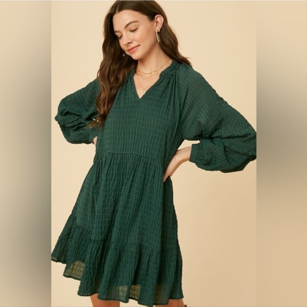 Mare Mare x Anthropologie Long Sleeve Green V-Neck Tiered Peasant Dress Size L